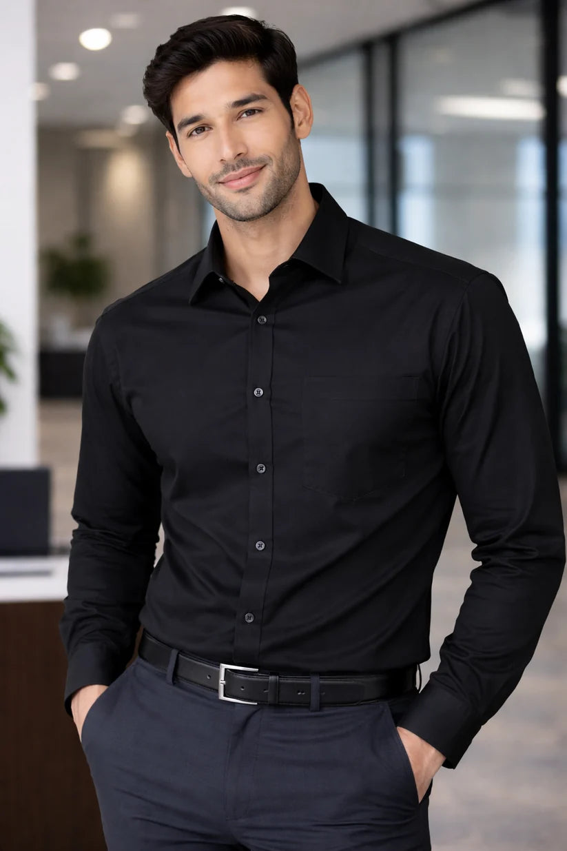 Men's Plain Formal Shirt - BLACK  OHFPS10002 BL