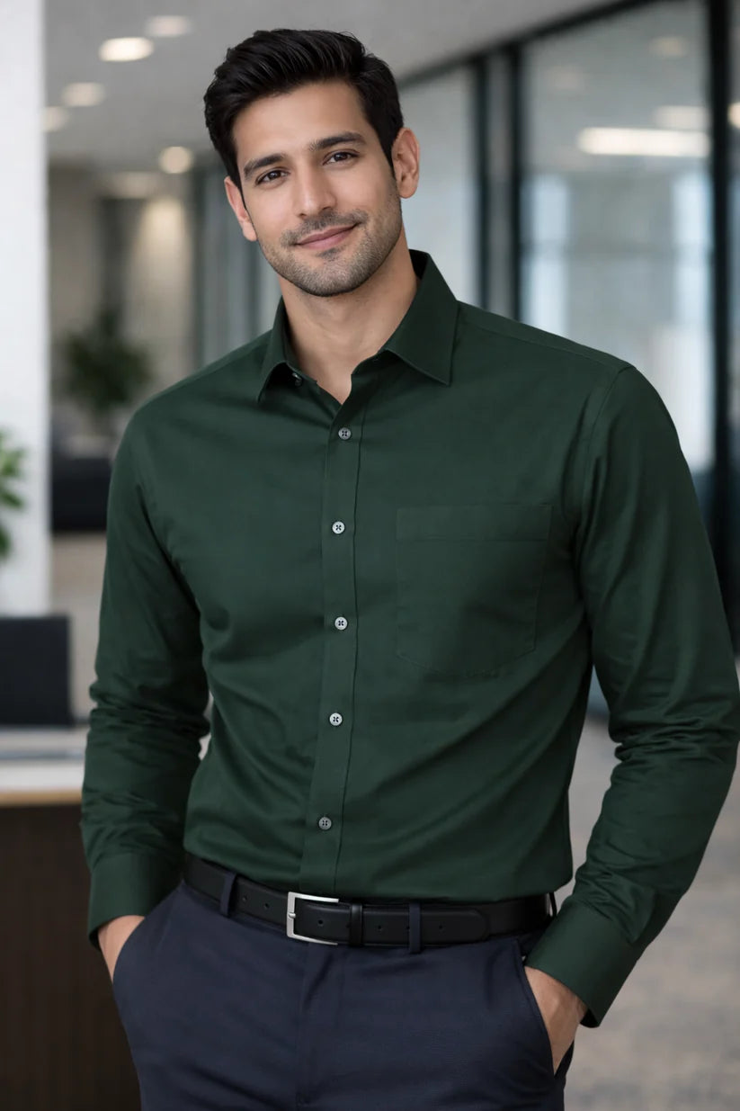 Men's Plain Formal Shirt - DARK GREEN OHFPS10013 DB